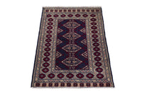 Persian Torkaman accent rug in navy and cream, view 3 of 9