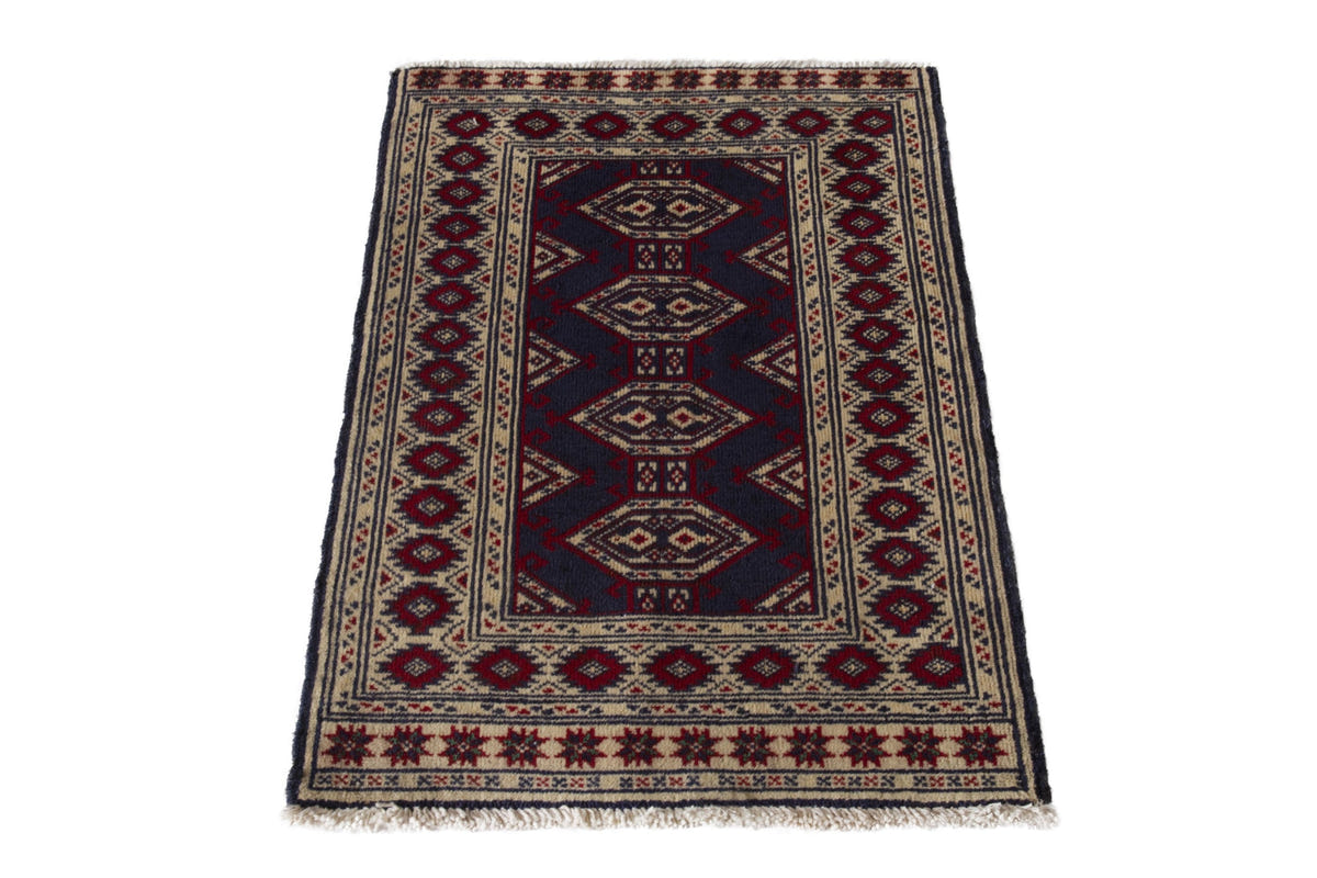 Persian Torkaman accent rug in navy and cream, view 4 of 9