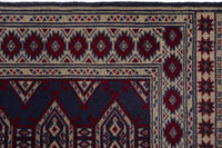 Persian Torkaman accent rug in navy and cream, view 8 of 9