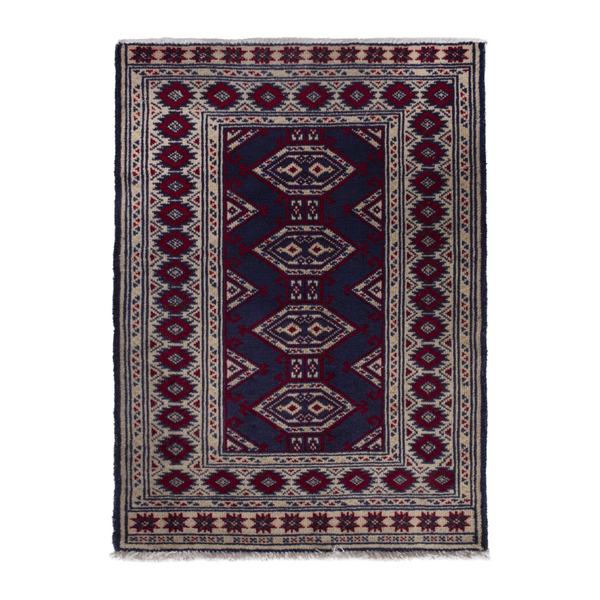 Persian Torkaman accent rug in navy and cream, 2' x 2'11"