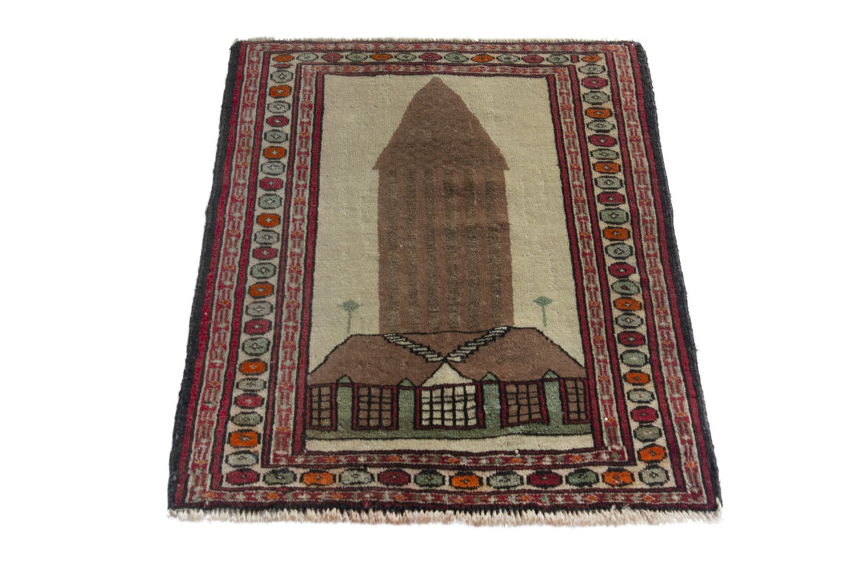 Persian Torkaman accent rug in cream and light brown, view 3 of 9