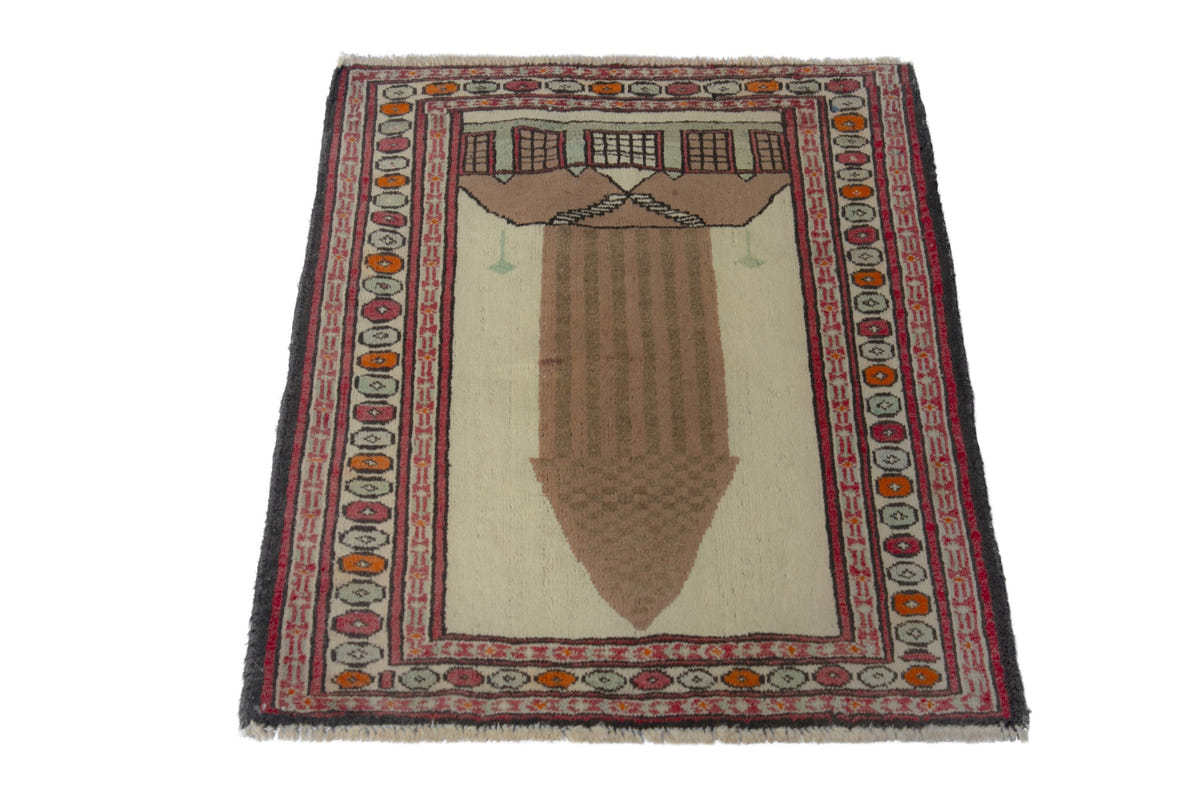 Persian Torkaman accent rug in cream and light brown, view 4 of 9