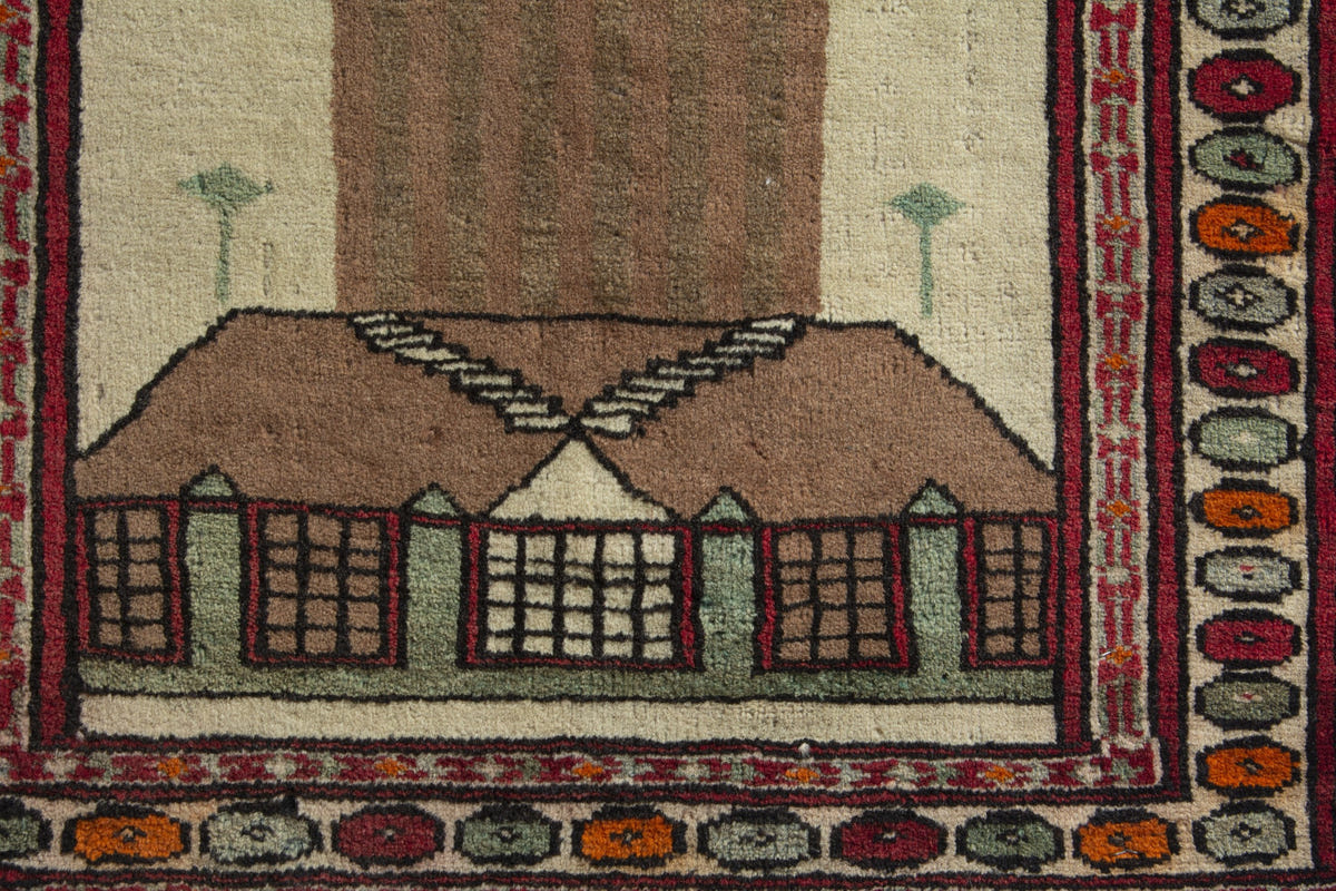 Persian Torkaman accent rug in cream and light brown, view 7 of 9