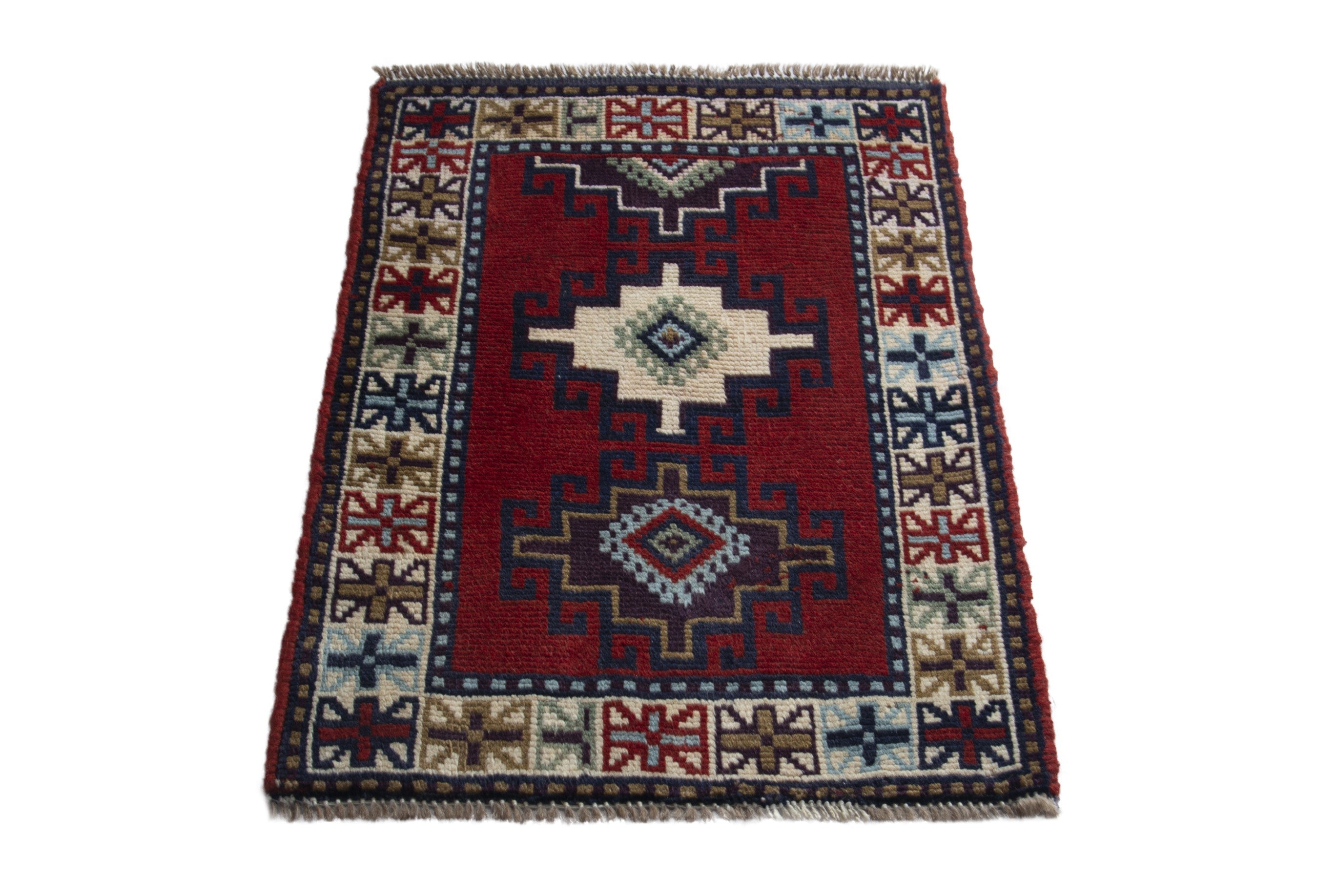 Persian Ghoochan accent rug in deep red and cream, view 2 of 9