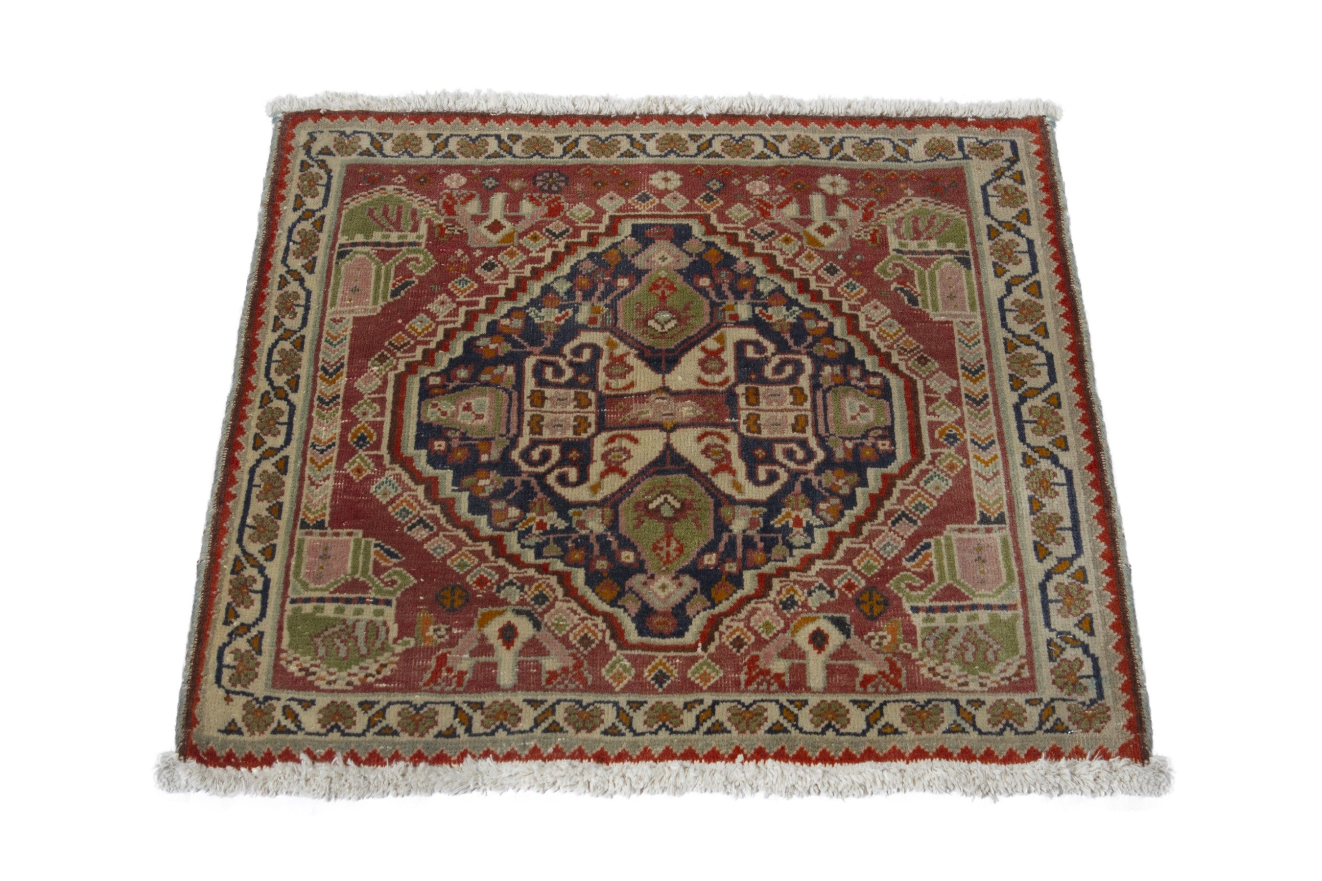 Persian Shiraz accent rug in faded red and navy, view 3 of 9