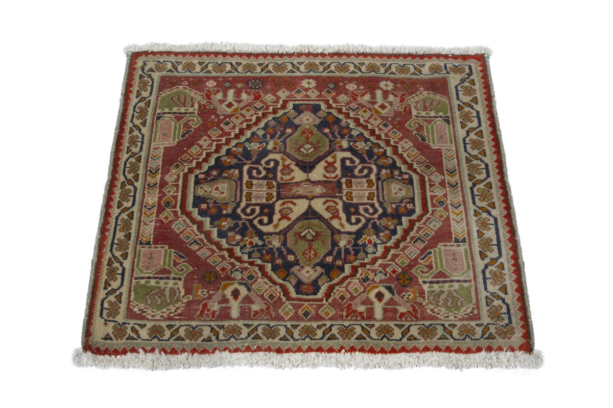 Persian Shiraz accent rug in faded red and navy, view 4 of 10