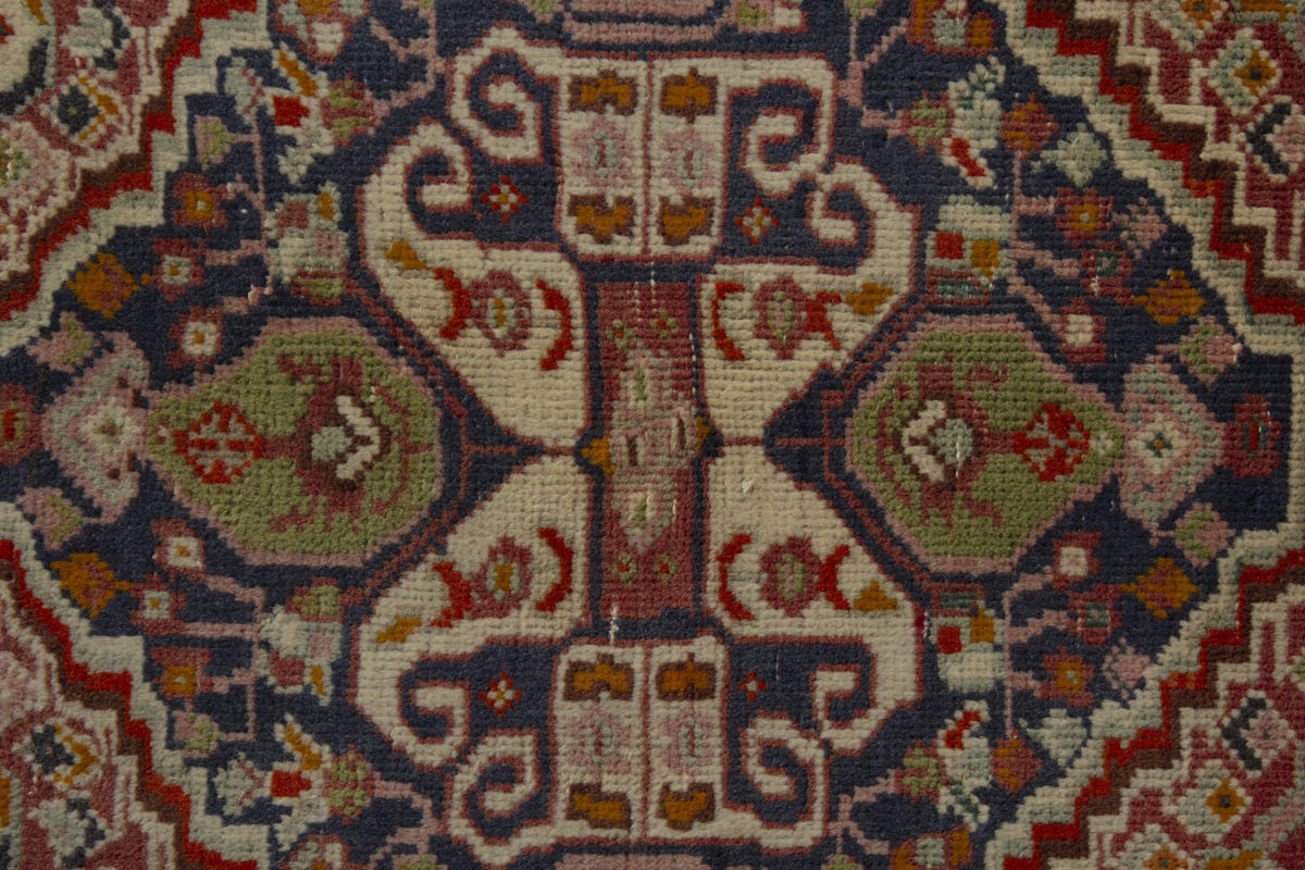 Persian Shiraz accent rug in faded red and navy, view 7 of 10