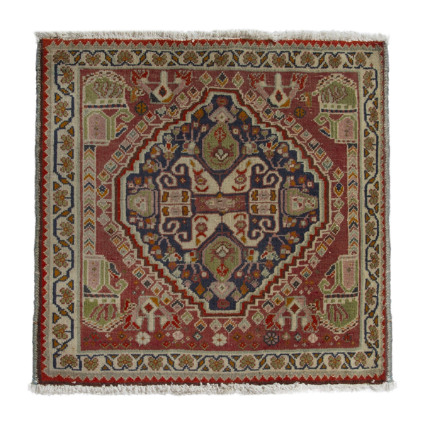 Persian Shiraz accent rug in faded red and navy, 2'2" x 2'