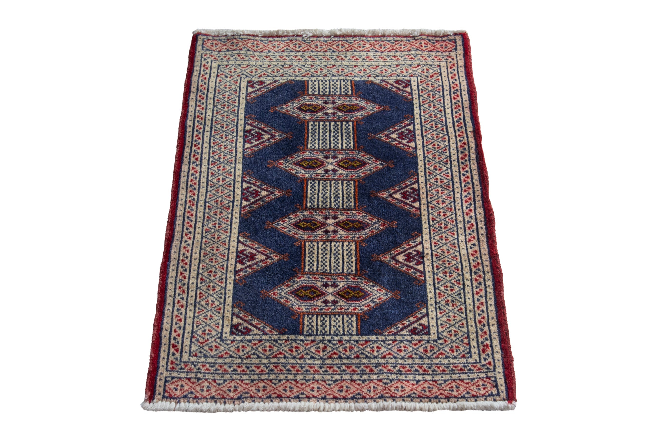 Persian Torkaman accent rug in denim and cream, view 2 of 8