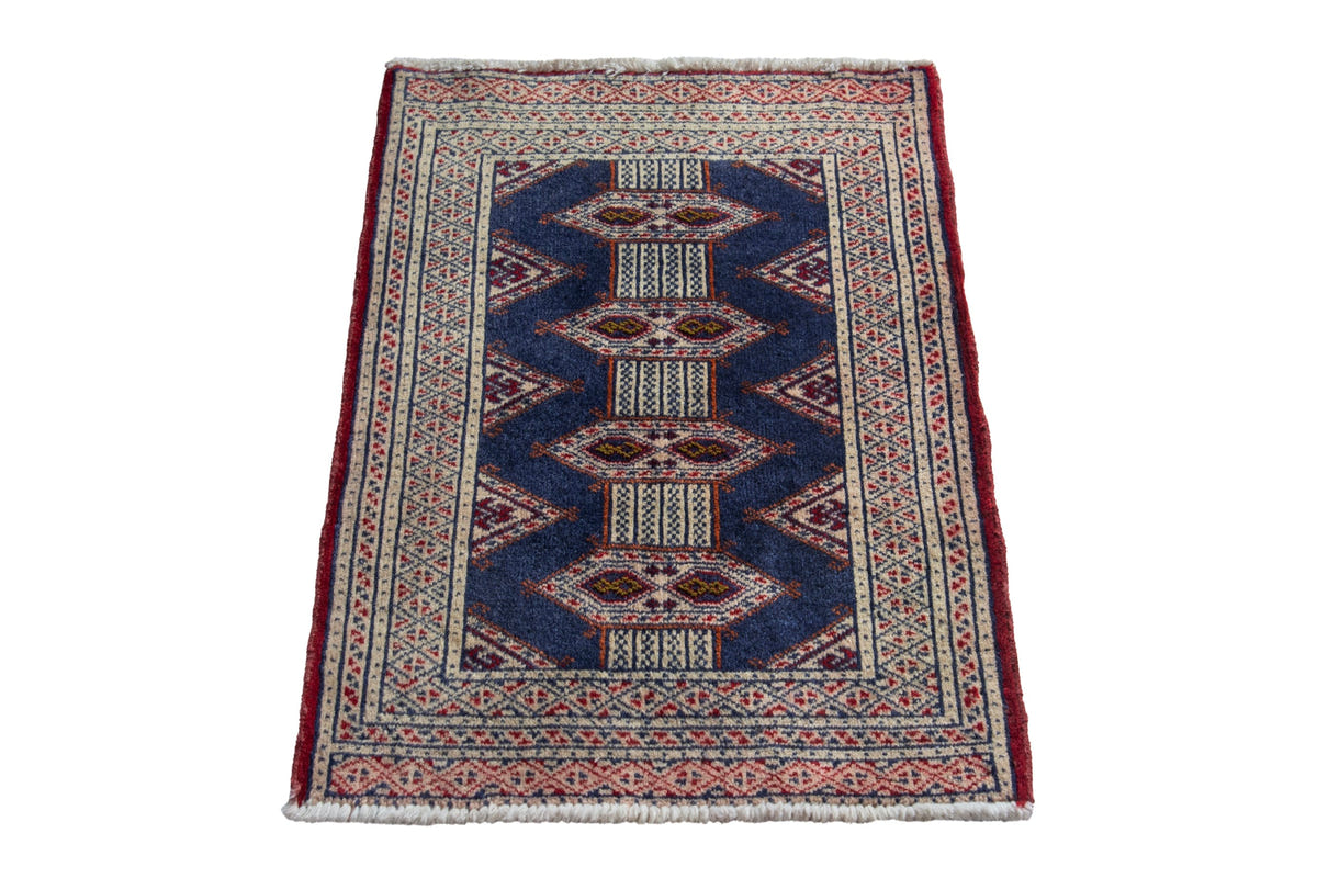 Persian Torkaman accent rug in denim and cream, view 3 of 9