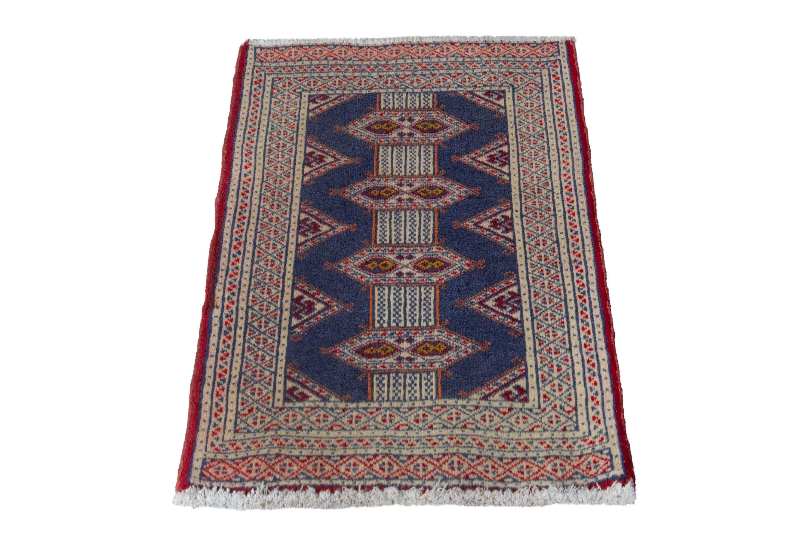 Persian Torkaman accent rug in denim and cream, view 3 of 8