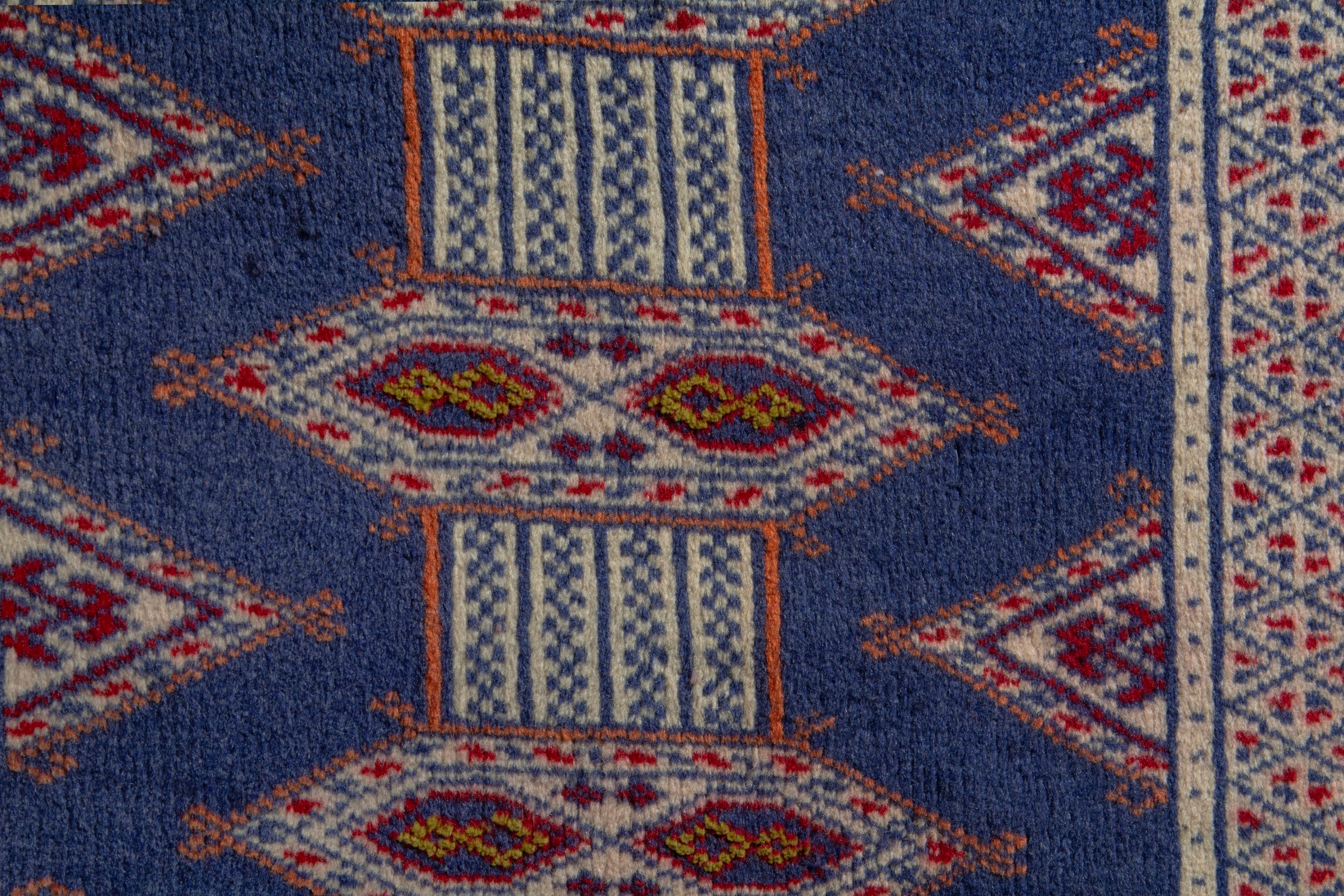 Persian Torkaman accent rug in denim and cream, view 7 of 8
