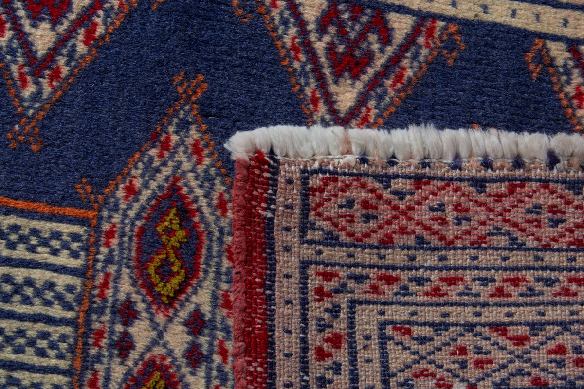 Persian Torkaman accent rug in denim and cream, view 9 of 9