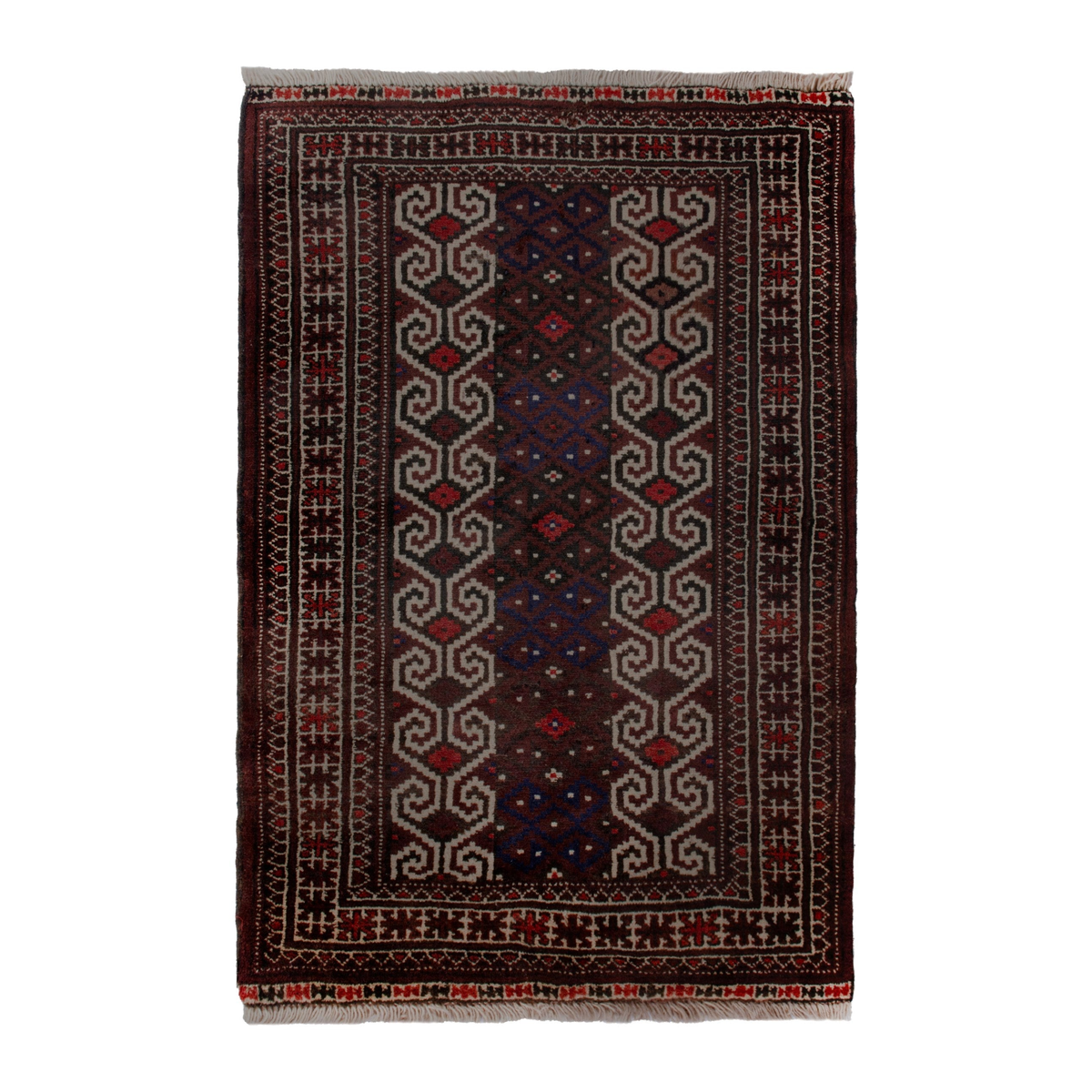 Persian Torkaman accent rug in dark brown and cream, 2'9" x 3'8"