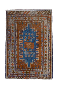Persian Baluch accent rug in rust and blue, view 2 of 8
