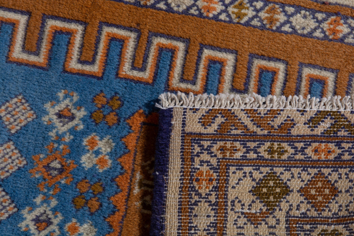Persian Baluch accent rug in rust and blue, view 8 of 8