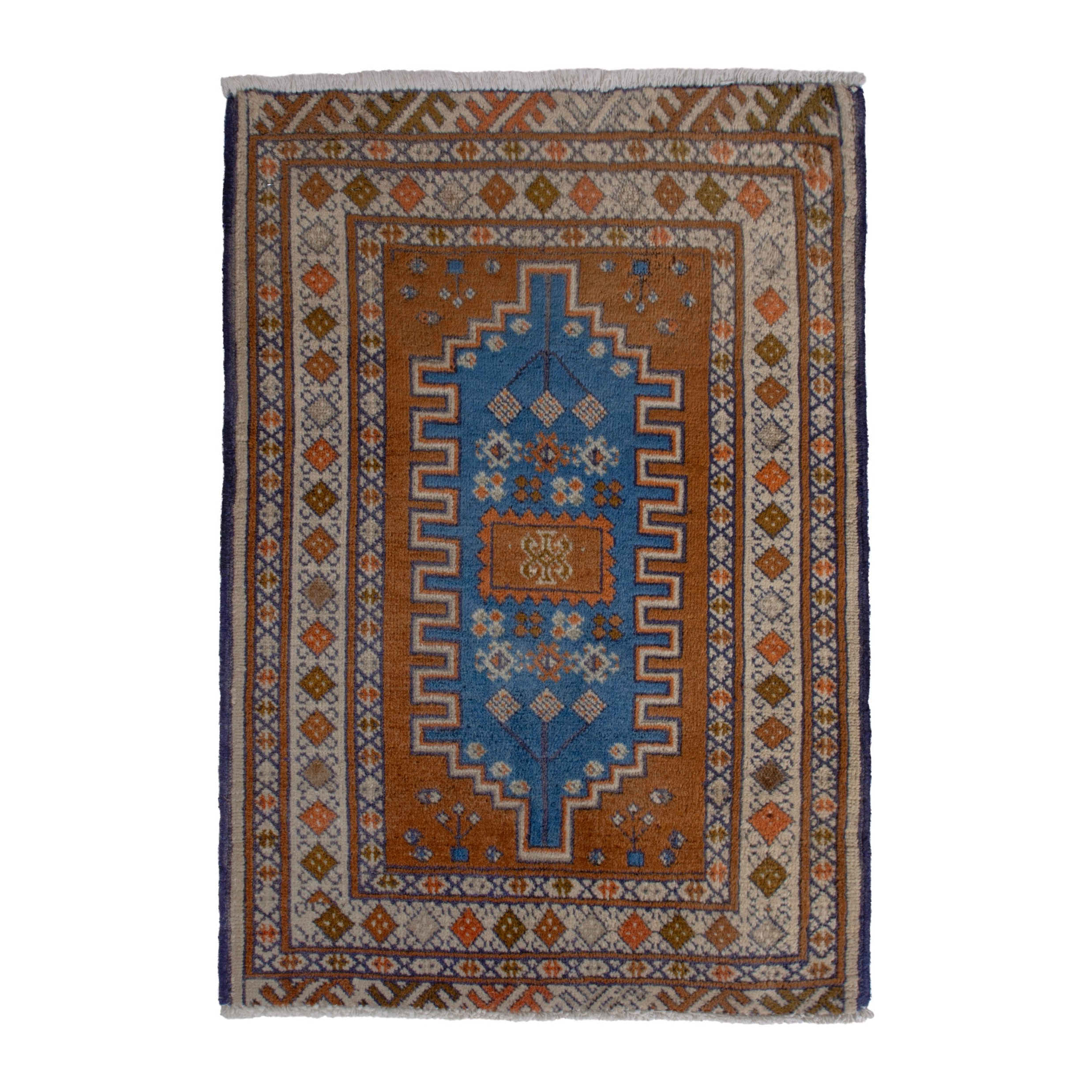 Persian Baluch accent rug in rust and blue, 2'2" x 2'11"