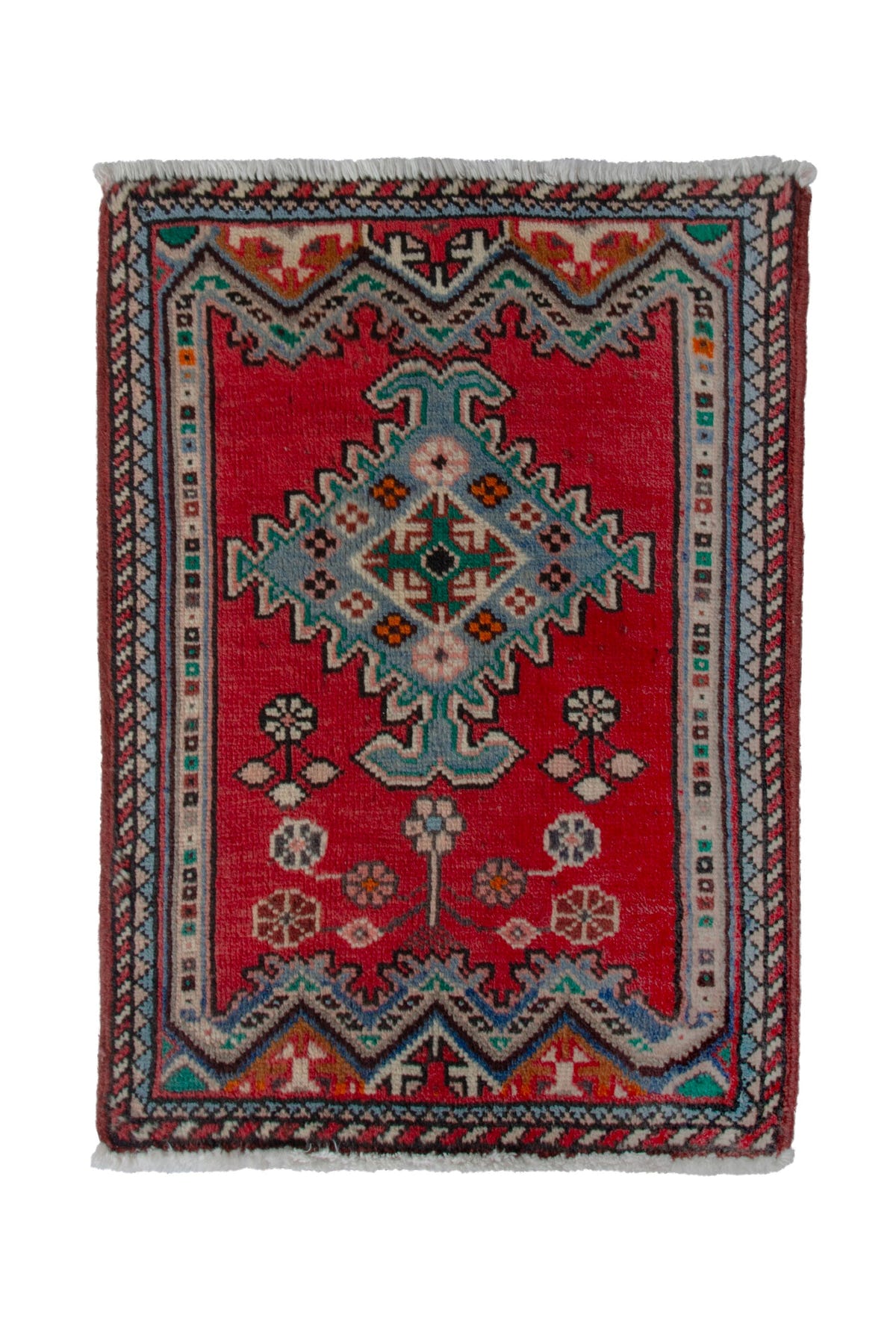 Persian Hamadan accent rug in deep red and dusty blue, view 2 of 10