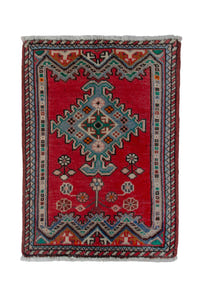 Persian Hamadan accent rug in deep red and dusty blue, view 2 of 10