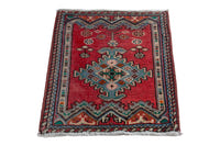 Persian Hamadan accent rug in deep red and dusty blue, view 3 of 10