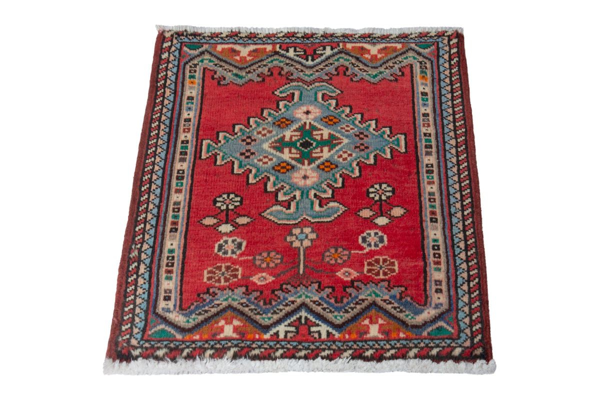 Persian Hamadan accent rug in deep red and dusty blue, view 4 of 10