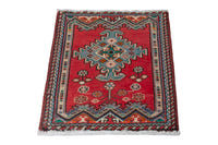 Persian Hamadan accent rug in deep red and dusty blue, view 4 of 10