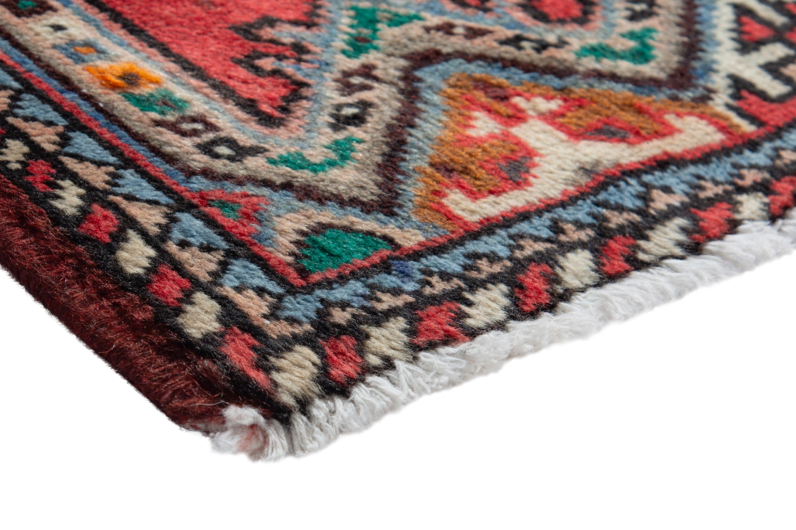 Persian Hamedan accent rug in deep red and dusty blue, view 4 of 9