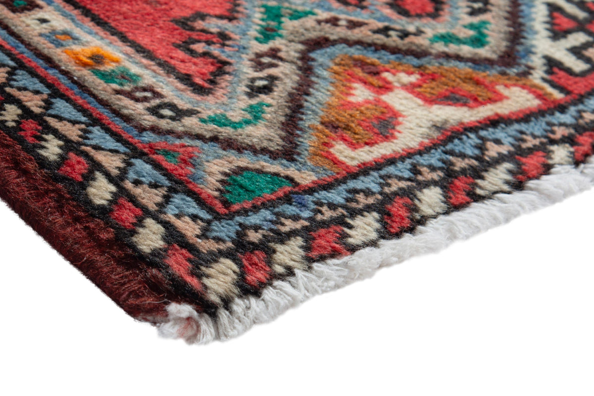 Persian Hamadan accent rug in deep red and dusty blue, view 6 of 10
