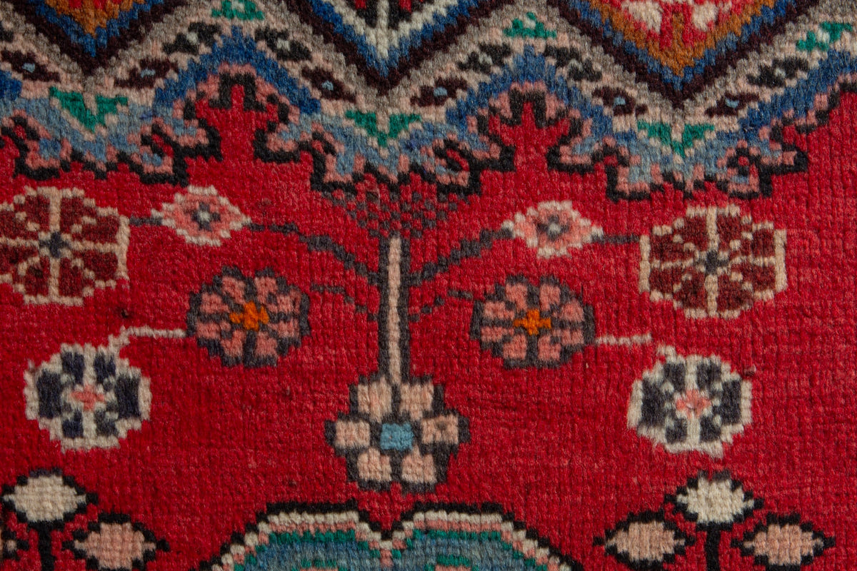 Persian Hamadan accent rug in deep red and dusty blue, view 7 of 10