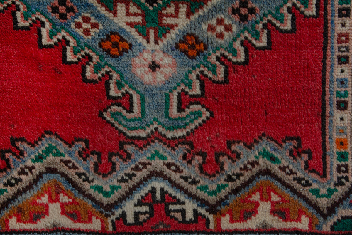 Persian Hamadan accent rug in deep red and dusty blue, view 8 of 10