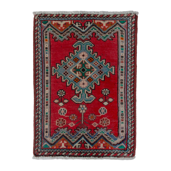 Persian Hamedan accent rug in deep red and dusty blue, 2' x 2'6"