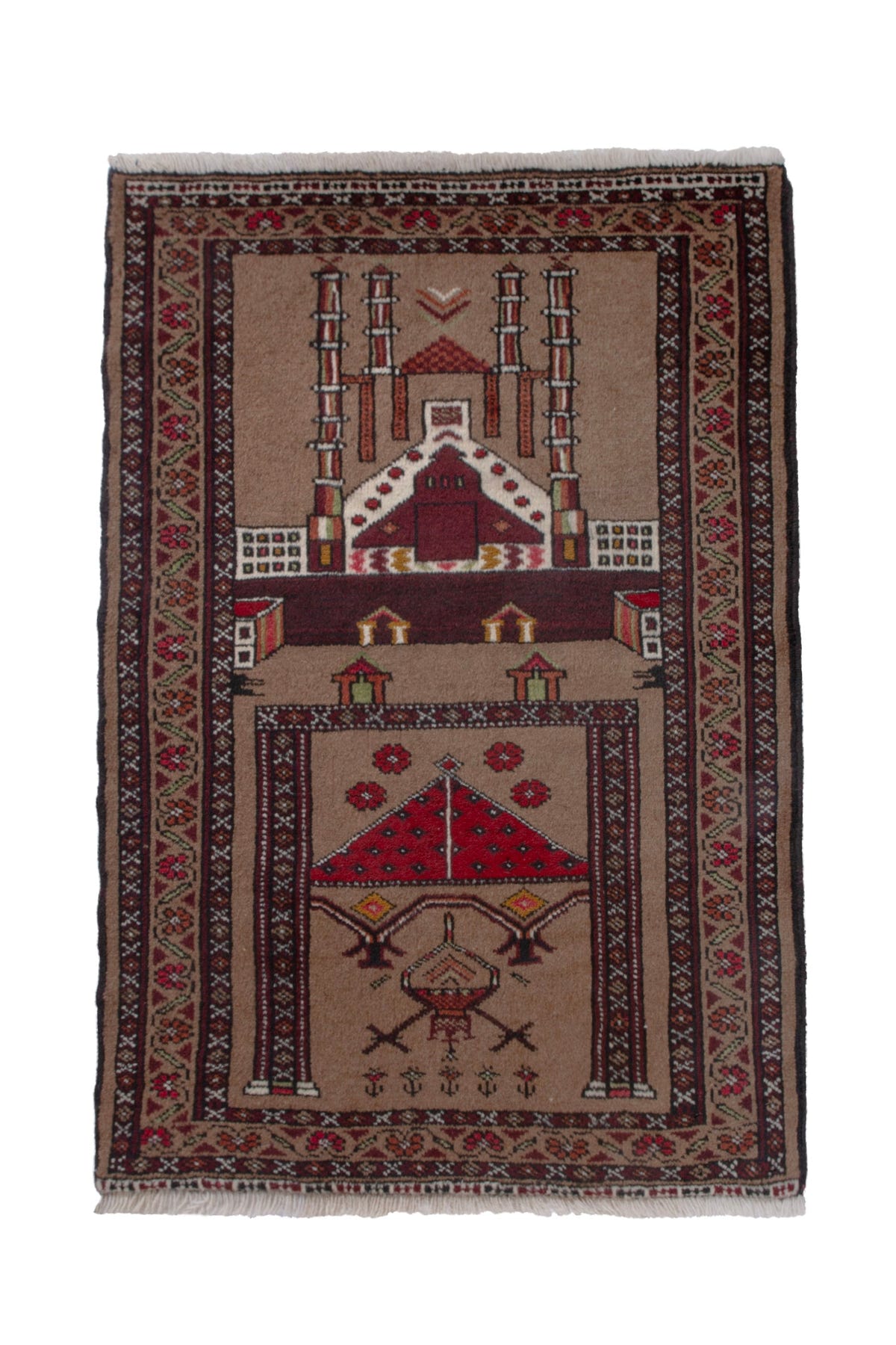 Persian Torkaman accent rug in tan and burgundy, view 2 of 10