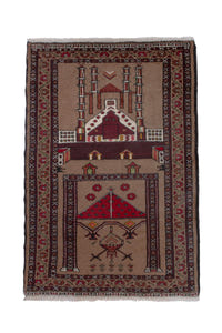 Persian Torkaman accent rug in tan and burgundy, view 2 of 10