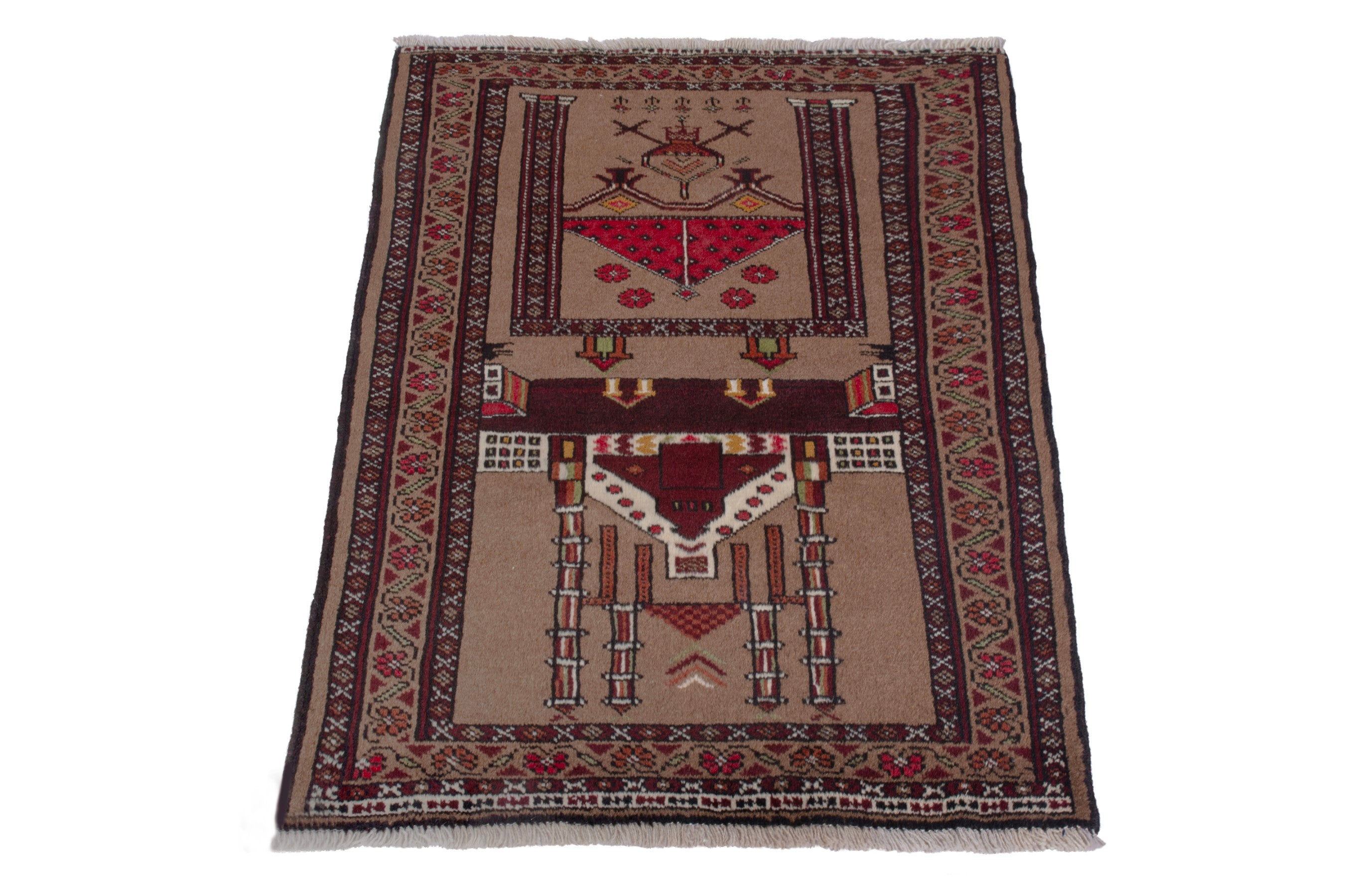 Persian Torkaman accent rug in tan and burgundy, view 3 of 9