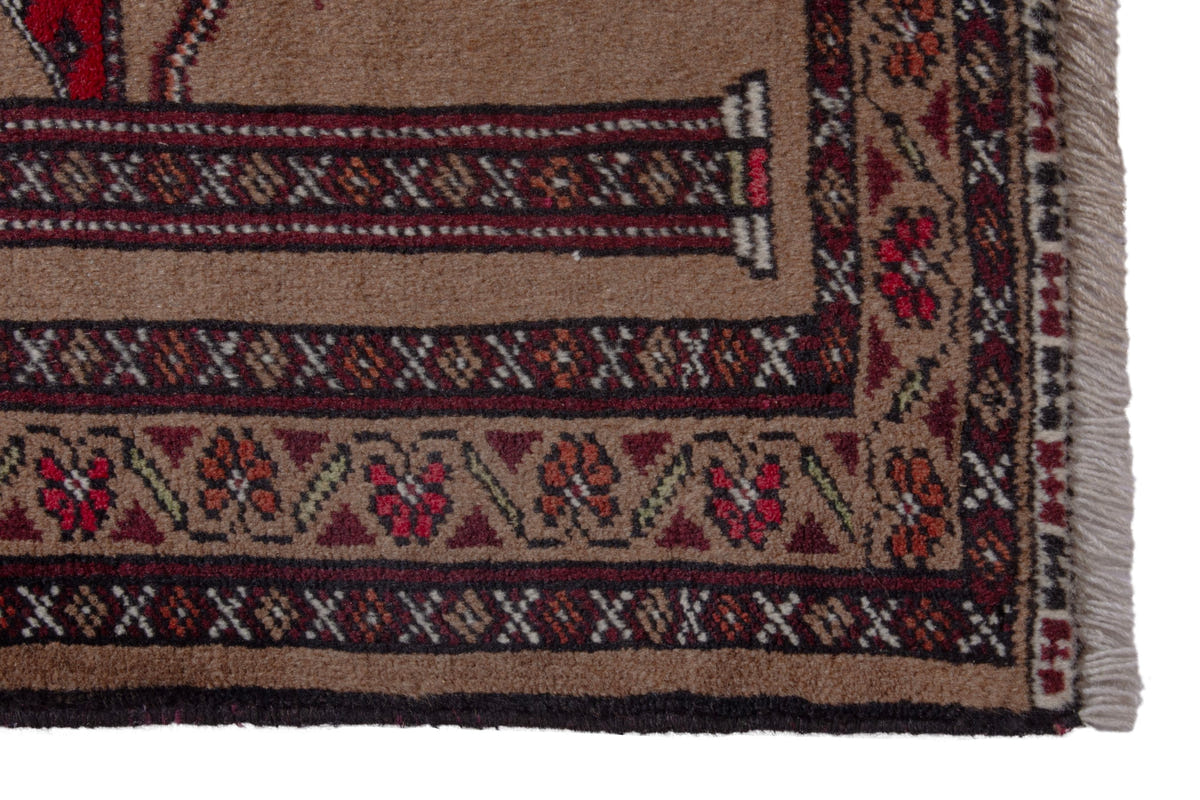 Persian Torkaman accent rug in tan and burgundy, view 5 of 10