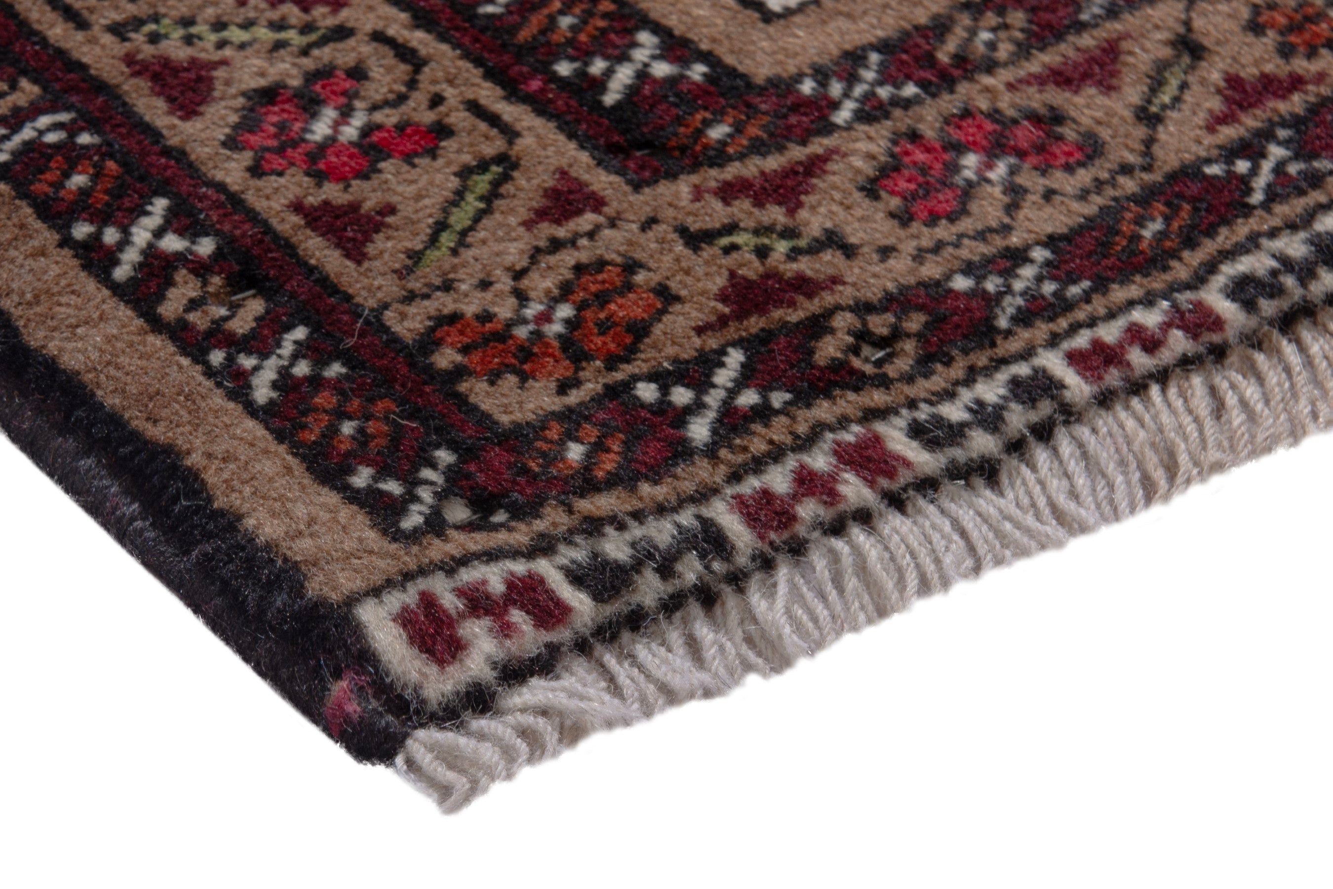 Persian Torkaman accent rug in tan and burgundy, view 4 of 9