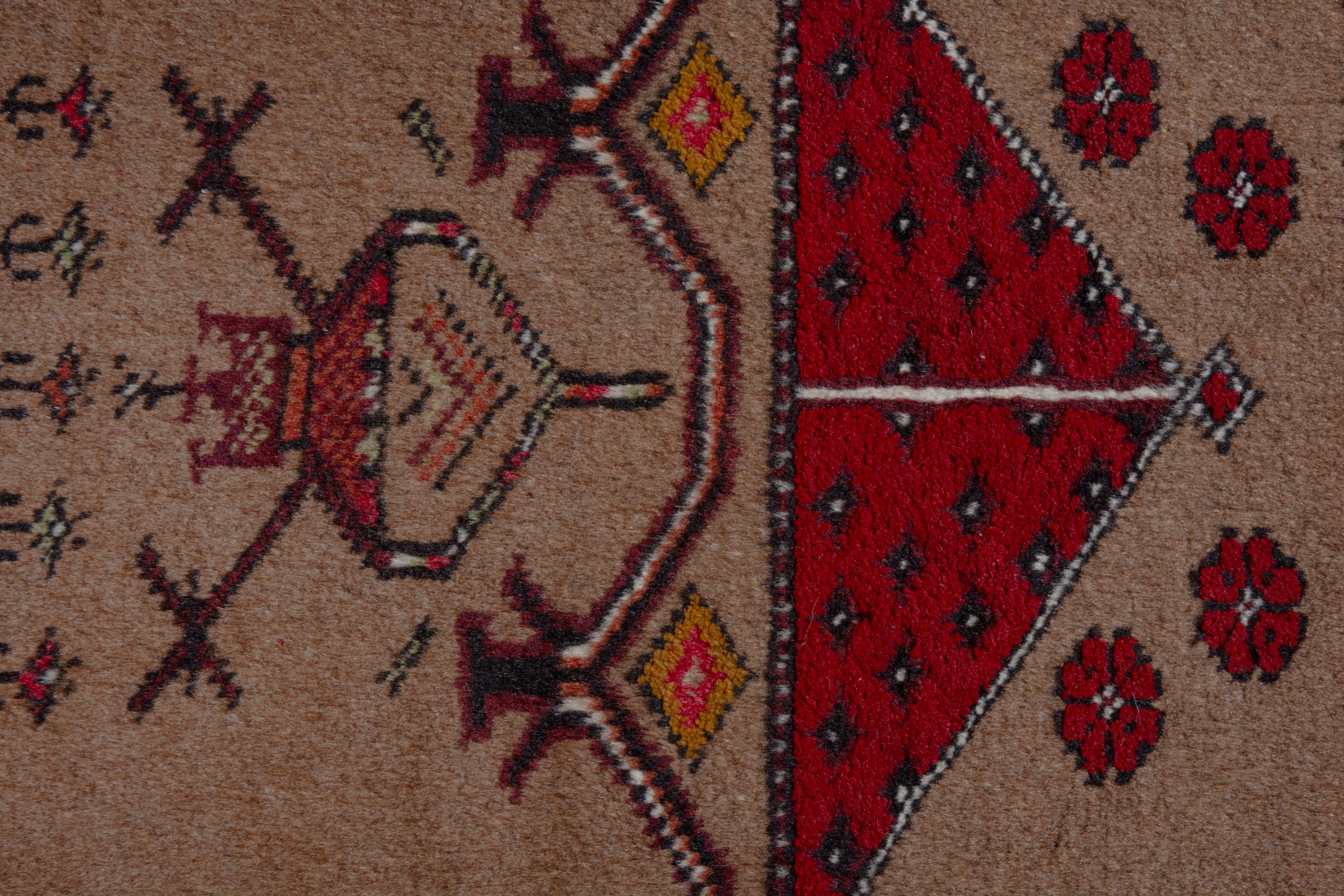 Persian Torkaman accent rug in tan and burgundy, view 8 of 9