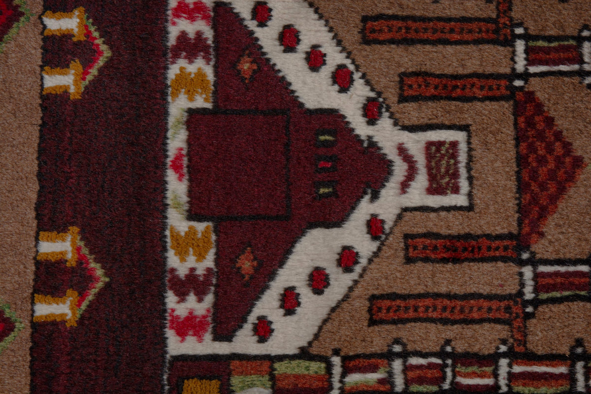 Persian Torkaman accent rug in tan and burgundy, view 8 of 10