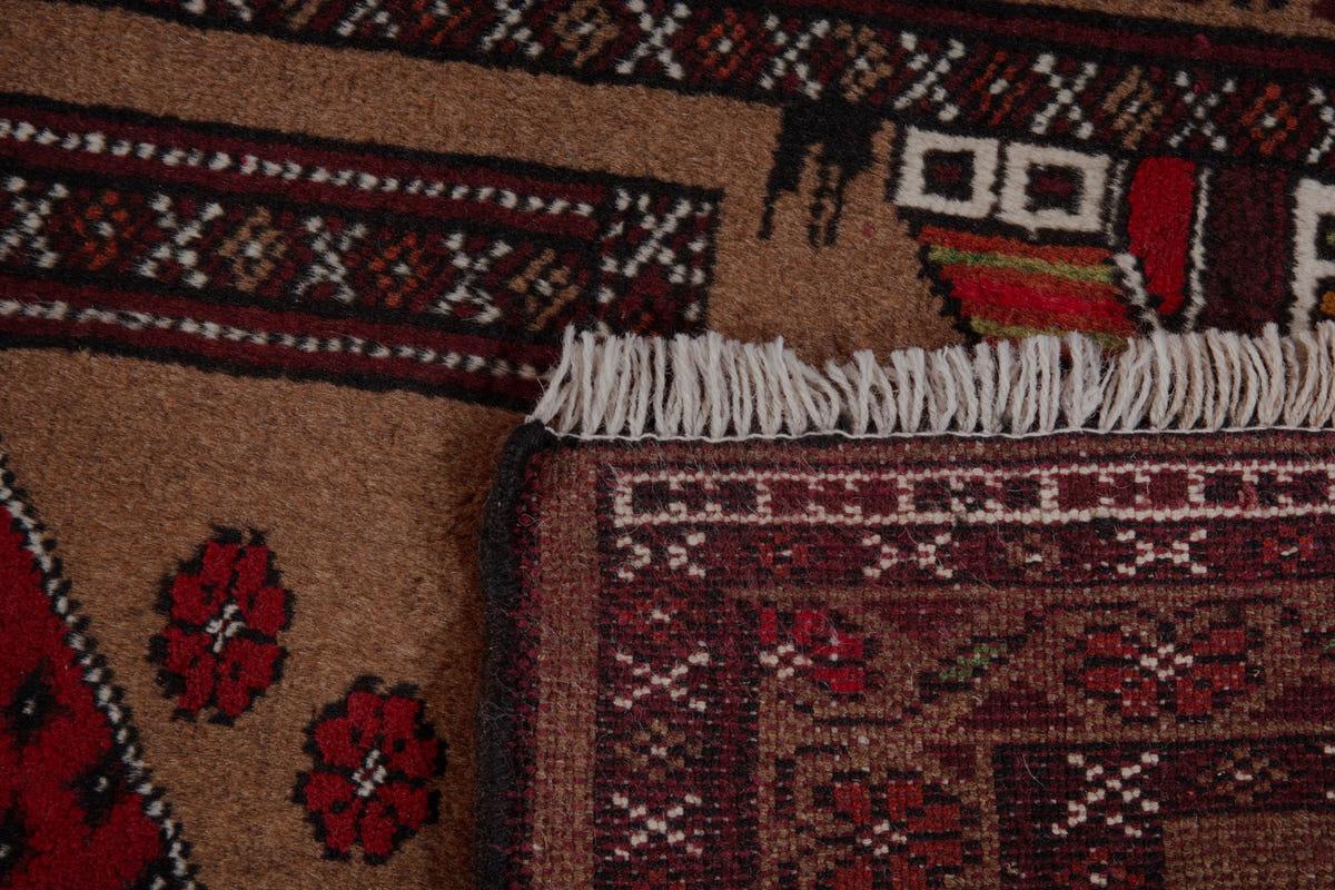 Persian Torkaman accent rug in tan and burgundy, view 10 of 10