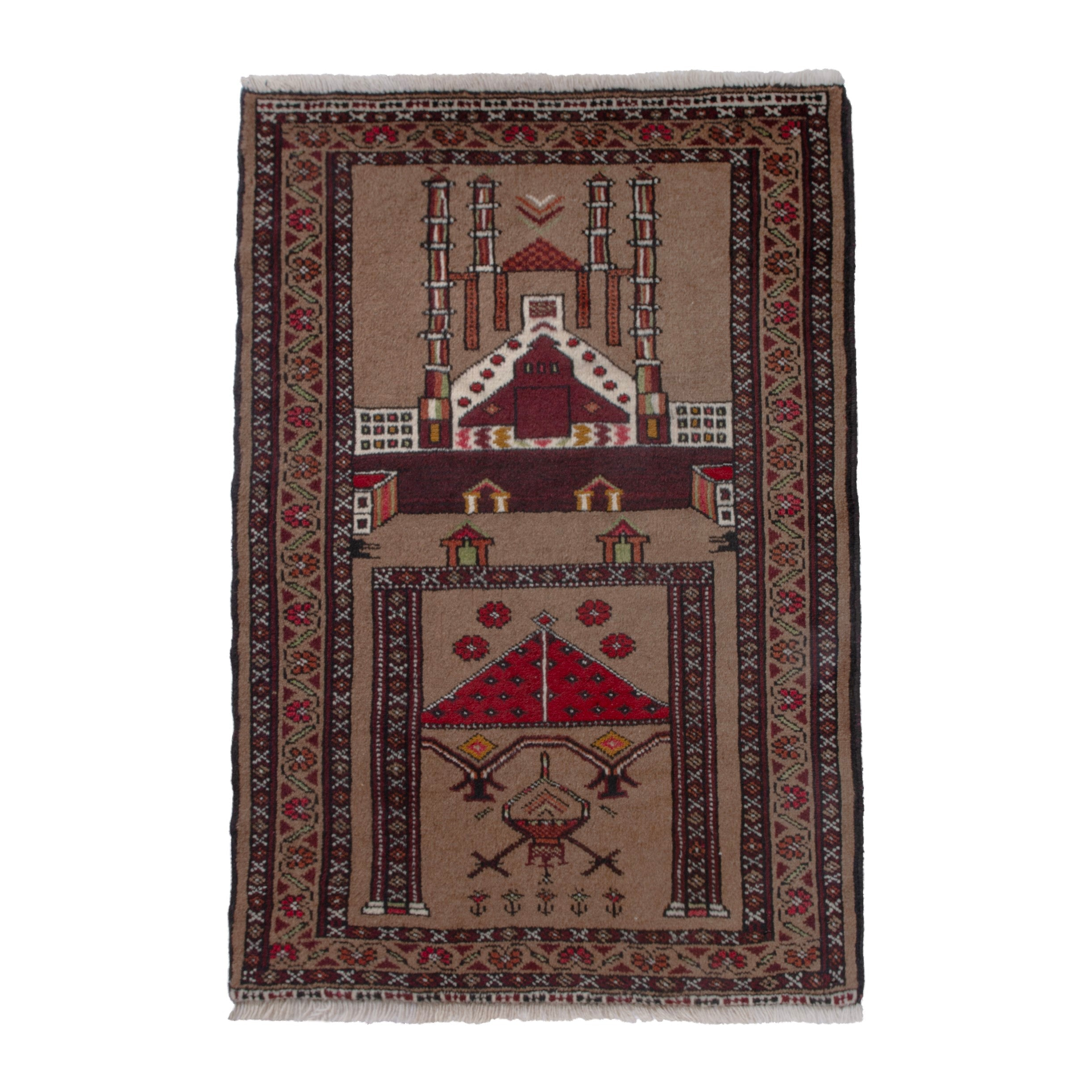 Persian Torkaman accent rug in tan and burgundy, 2'8" x 3'11"