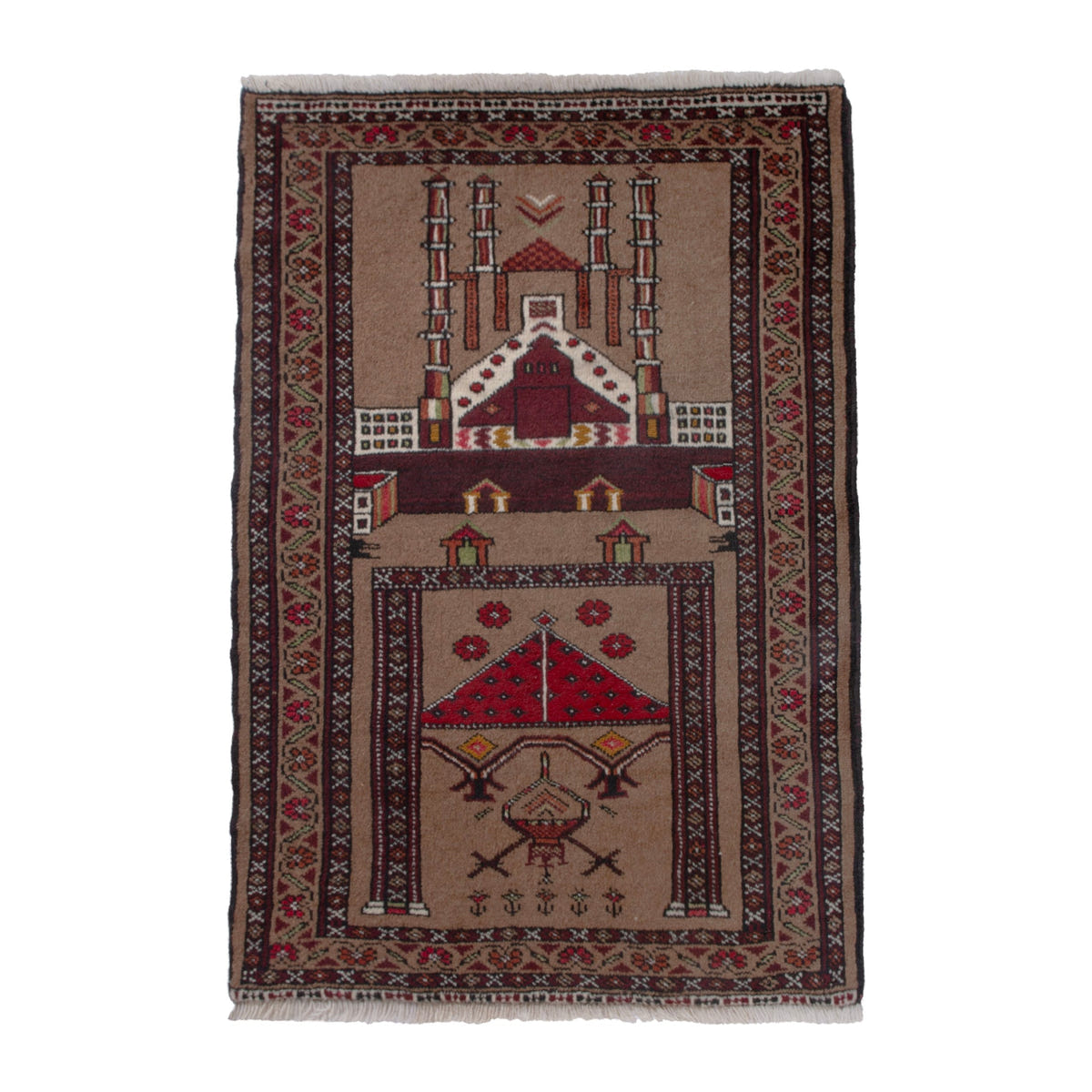 Persian Torkaman accent rug in tan and burgundy, 2'8" x 3'11"