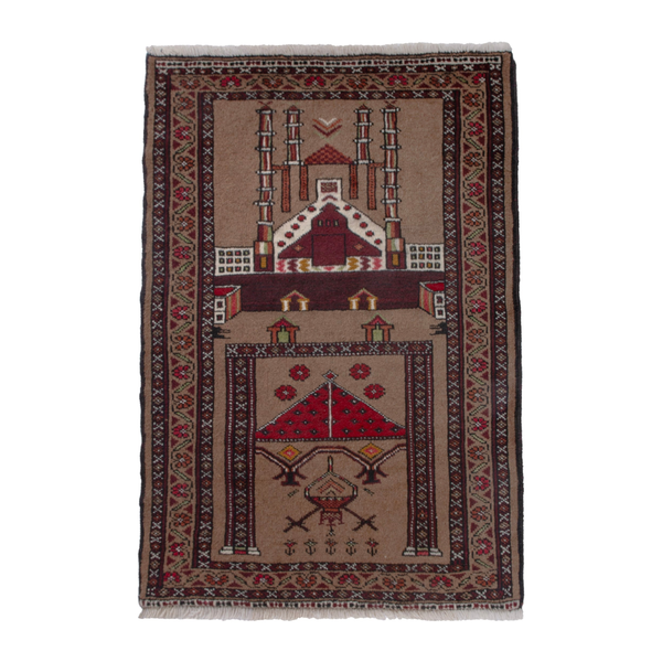 Persian Torkaman accent rug in tan and burgundy, 2'8" x 3'11"