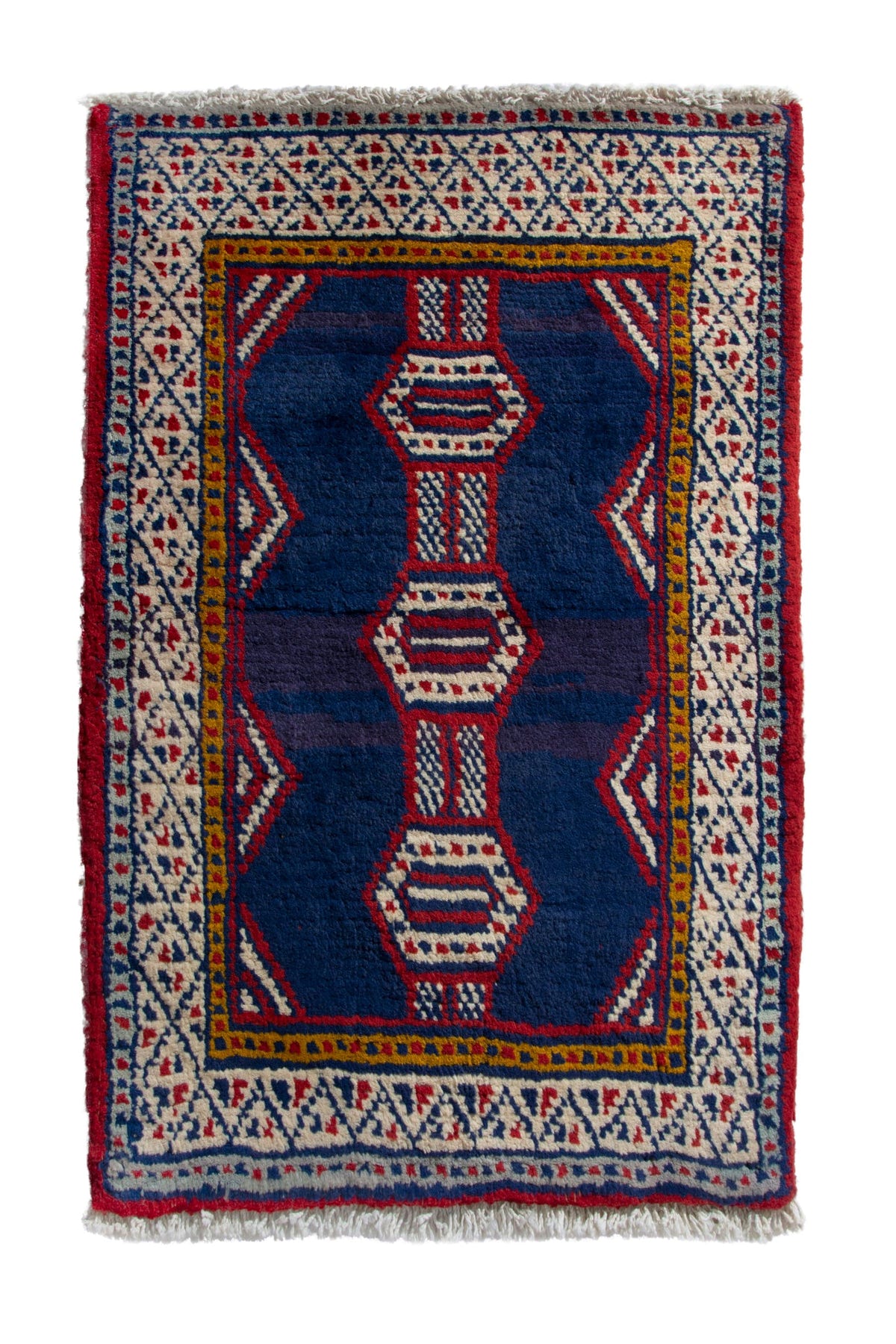 Persian Baluch accent rug in navy and cream, view 2 of 9