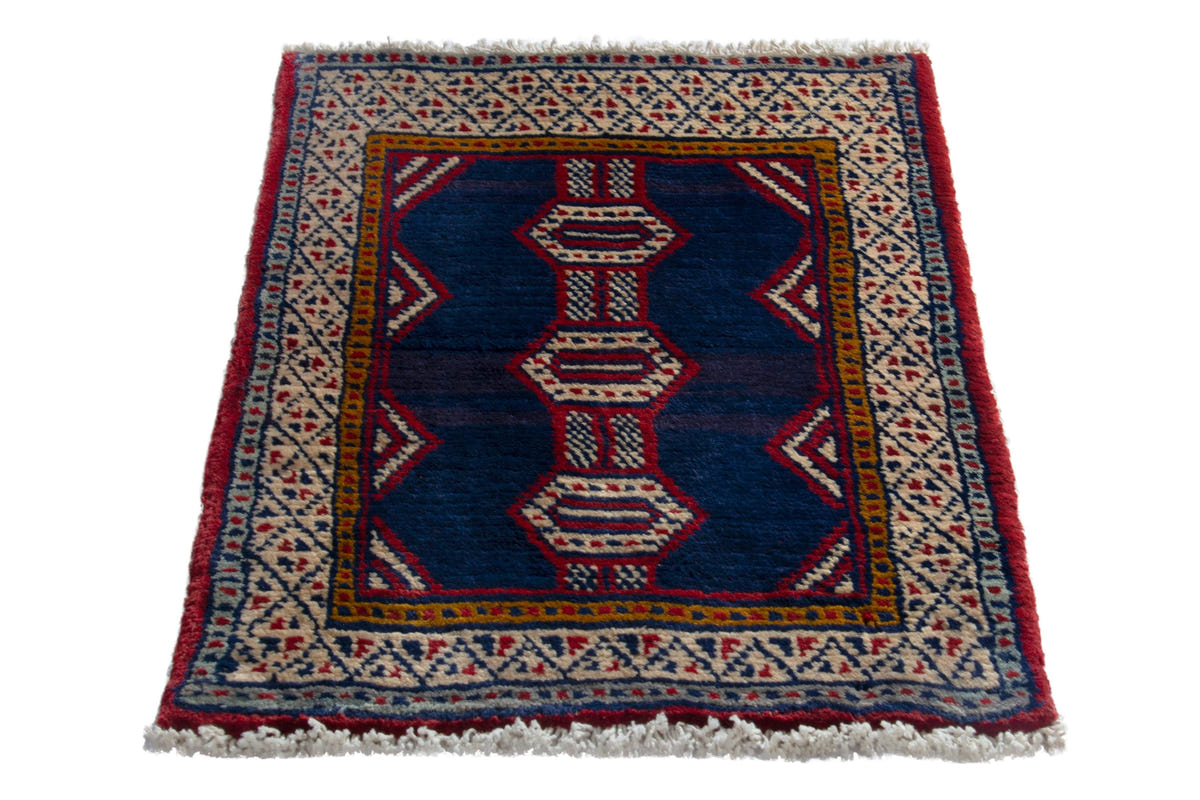 Persian Baluch accent rug in navy and cream, view 3 of 9