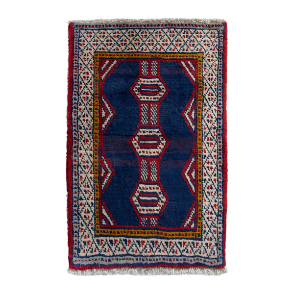 Persian Baluch accent rug in navy and cream, 2' x 2'7"