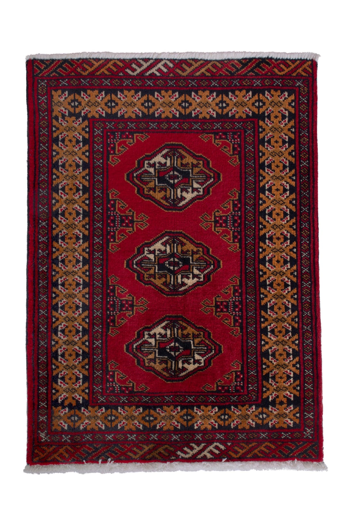Persian Torkaman accent rug in deep red and ochre, view 2 of 9