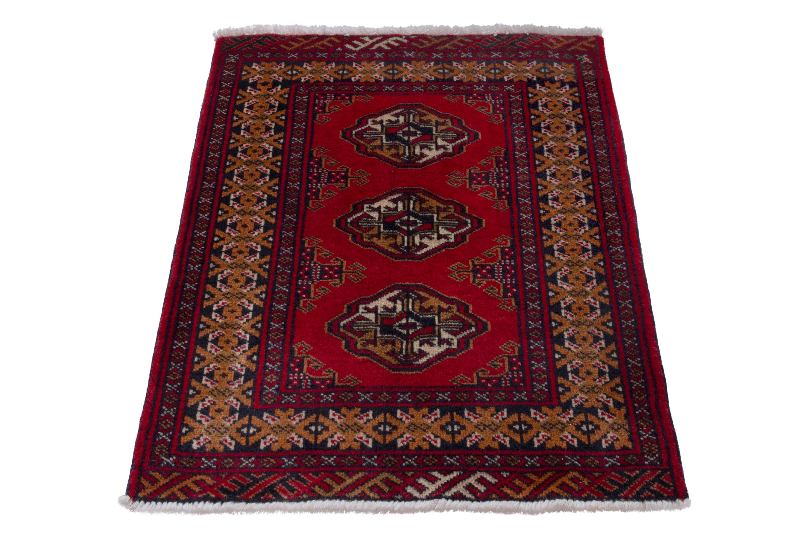 Persian Torkaman accent rug in deep red and ochre, view 2 of 8