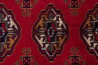 Persian Torkaman accent rug in deep red and ochre, view 7 of 9