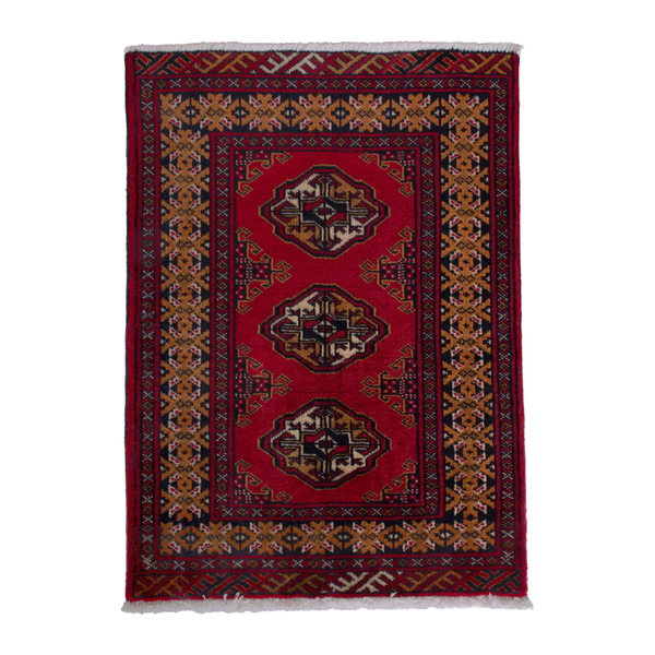 Persian Torkaman accent rug in deep red and ochre, 2'4" x 2'11"