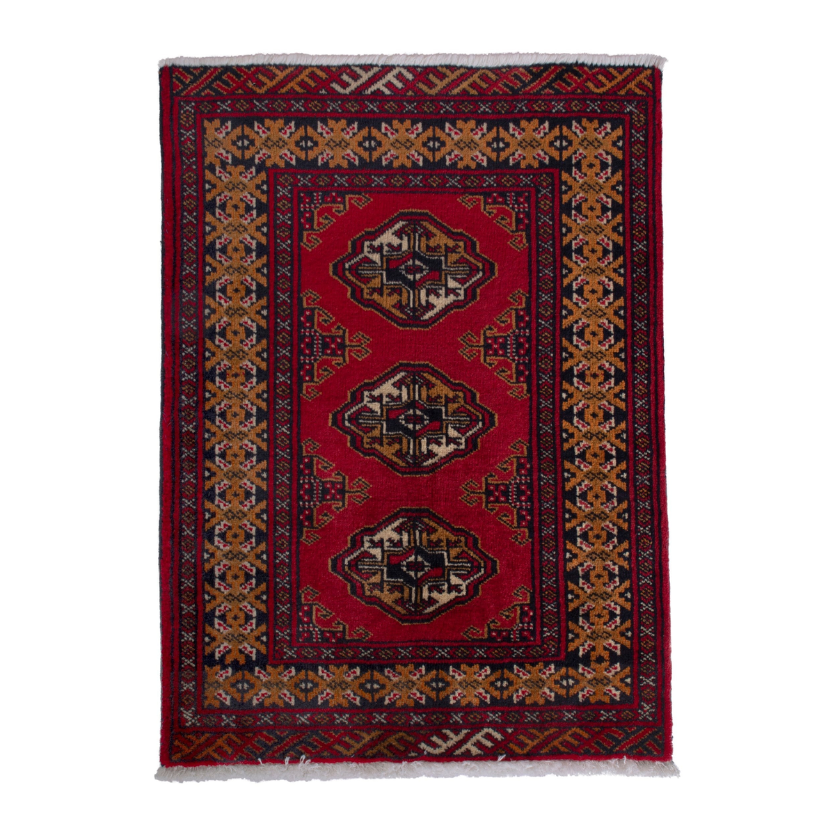 Persian Torkaman accent rug in deep red and ochre, 2'4" x 2'11"